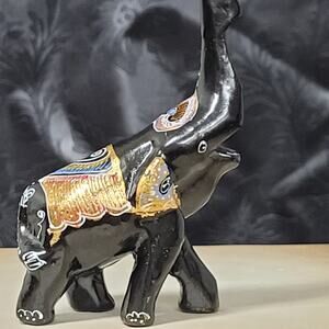 Elephant Black Lacquered Trunk Up. Collectable; Small;  Hand Painted Designs